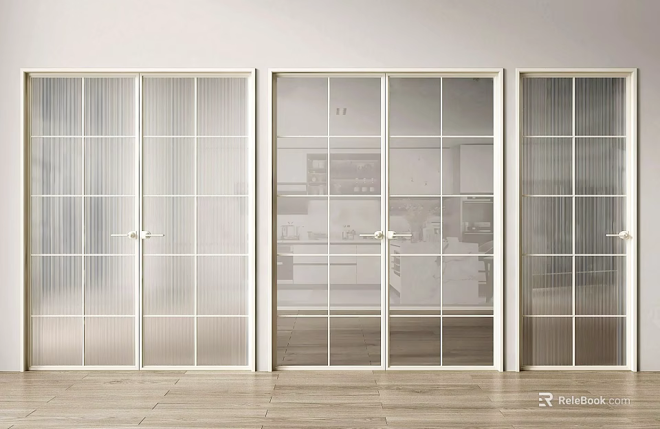 Modern Glass Double Doors with White Frames in Interior with Sleek Design and Wooden Flooring 3d model 