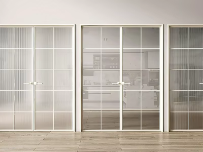 Modern Glass Double Doors with White Frames in Interior with Sleek Design and Wooden Flooring 3d model