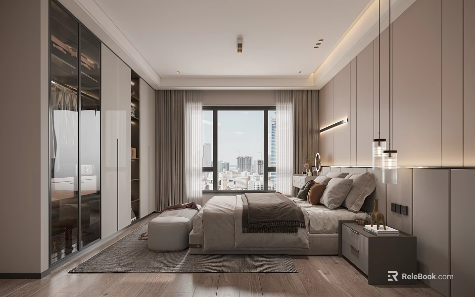 Modern Bedroom Interior Design With Large Bed City View Soft Carpet And Lighting 3d model 