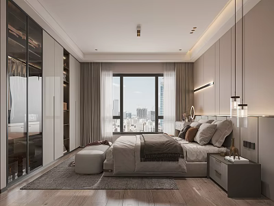 Modern Bedroom Interior Design With Large Bed City View Soft Carpet And Lighting 3d model