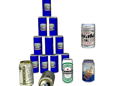 Beer Cans Stacked In Pyramid With Various Brands And Different Labels 3d model