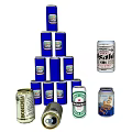 Beer Cans Stacked In Pyramid With Various Brands And Different Labels