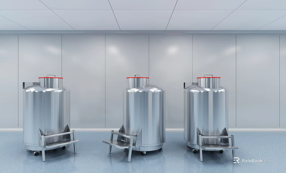 Industrial Stainless Steel Storage Tanks in Modern Facility with Wheels and Metal Supports 3d model 