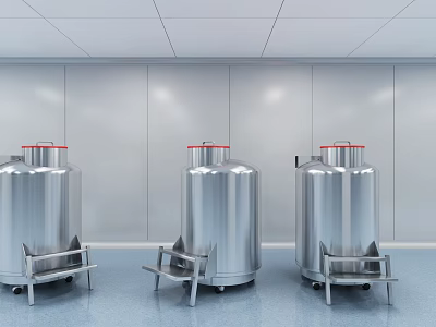 Industrial Stainless Steel Storage Tanks in Modern Facility with Wheels and Metal Supports 3d model