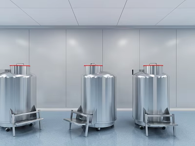 Industrial Stainless Steel Storage Tanks in Modern Facility with Wheels and Metal Supports 3d model