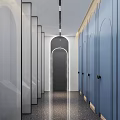 Clean Modern Public Restroom Interior With Blue Arched Stalls And Corridor Lighting 3d model