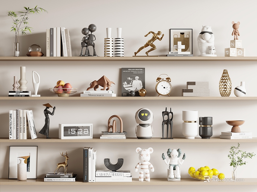 Elegant Decorative Ornament Collection With Shelves Displaying Statues Books Photo Frames Clock And Fruits 3d model 