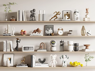 Elegant Decorative Ornament Collection With Shelves Displaying Statues Books Photo Frames Clock And Fruits 3d model