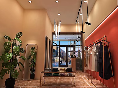 Modern Clothing Store Interior With Green Plants Mirror Clothing Racks And Display Table 3d model