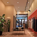 Modern Clothing Store Interior With Green Plants Mirror Clothing Racks And Display Table