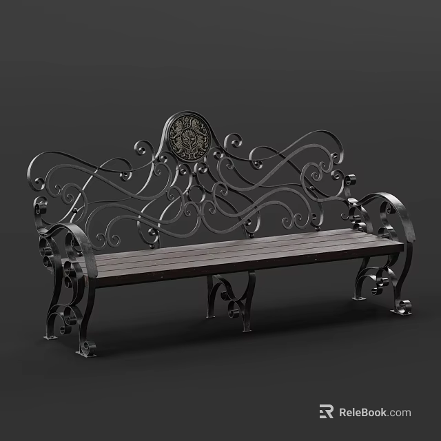 Ornate Metal Outdoor Bench With Curved Scrollwork And Wooden Slat Seat 3d model 