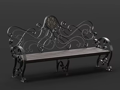 Ornate Metal Outdoor Bench With Curved Scrollwork And Wooden Slat Seat 3d model