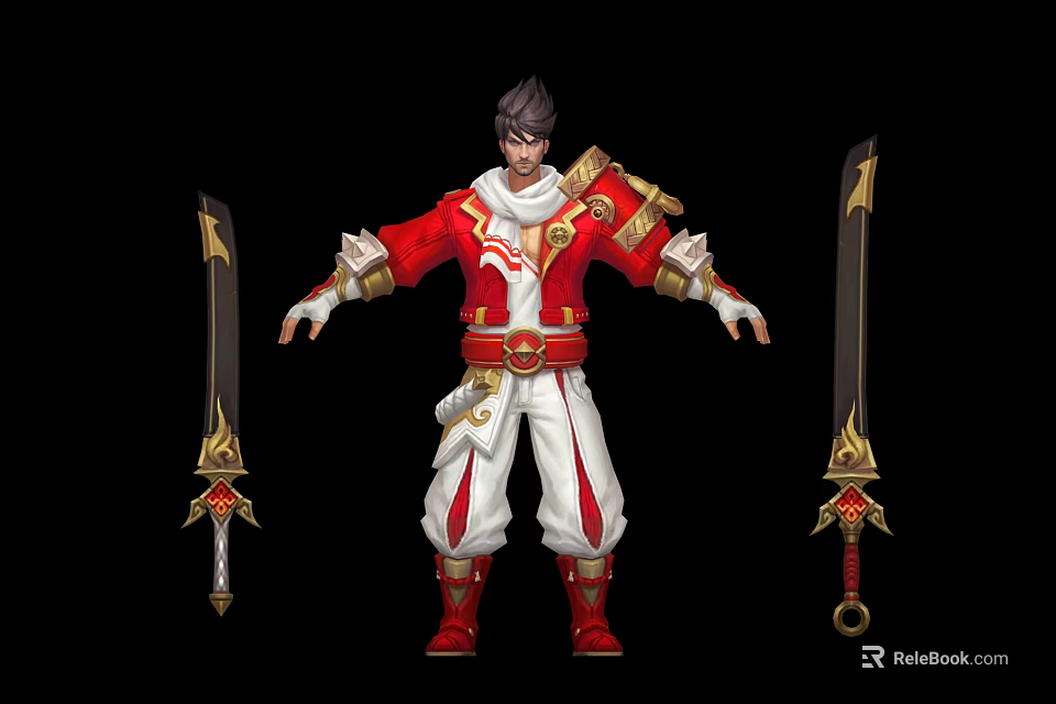 Mythical Warrior Character In Red And White Armor With Gold Trim And Two Long Swords 3d model 
