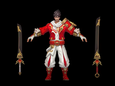 Mythical Warrior Character In Red And White Armor With Gold Trim And Two Long Swords 3d model