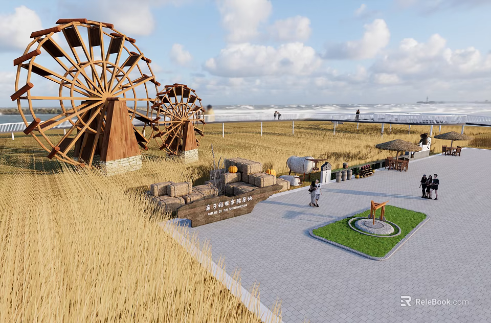 Scenic Seaside Beach Landscape With Large Wooden Windmills Golden Reeds And People Walking 3d model 