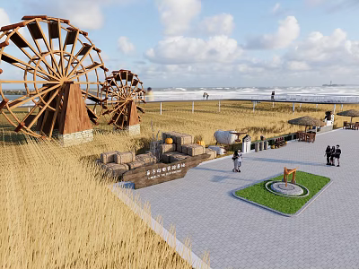 Scenic Seaside Beach Landscape With Large Wooden Windmills Golden Reeds And People Walking 3d model