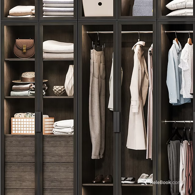 Modern Wooden Wardrobe Interior With Hanging Clothes Folded Linens Storage Baskets And Accessories 3d model 