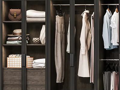 Modern Wooden Wardrobe Interior With Hanging Clothes Folded Linens Storage Baskets And Accessories 3d model