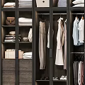 Modern Wooden Wardrobe Interior With Hanging Clothes Folded Linens Storage Baskets And Accessories