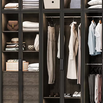 Modern Wooden Wardrobe Interior With Hanging Clothes Folded Linens Storage Baskets And Accessories 3d model
