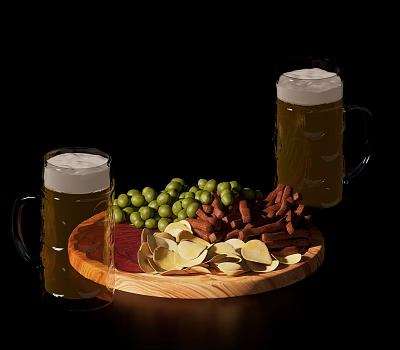 Delicious Food Assortment On Wooden Platter With Green Grapes Sausages Chips And Beer Mugs 3d model