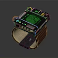 Digital Wristwatch With Green Display And Brown Leather Strap Metal Case