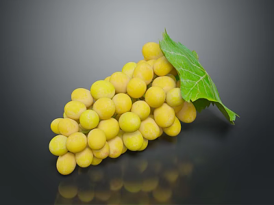 Fresh Yellow Grapes With Plump Shiny Berries And Green Leaf On Dark Background 3d model