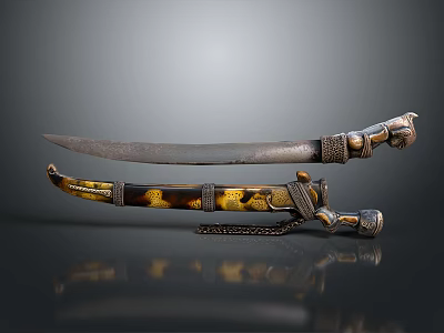 Antique Decorative Weapon With Curved Blade Ornate Hilt And Golden Patterned Scabbard 3d model