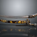 Antique Decorative Weapon With Curved Blade Ornate Hilt And Golden Patterned Scabbard
