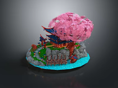 Cartoon Scene with Pink Cherry Blossom Tree Traditional Pavilion Rocky Base and Blue Water Pathway 3d model