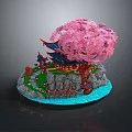Cartoon Scene with Pink Cherry Blossom Tree Traditional Pavilion Rocky Base and Blue Water Pathway