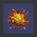 Cartoon Explosion Scene With Orange Red Spheres Yellow Splashing Fragments Red Glow On Blue Platform