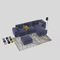 Navy Blue Two Seater Sofa with Yellow Gray Throw Pillows Ottoman and Patterned Area Rug