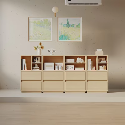Modern Wooden Console Cabinet With Drawers Shelves And Decorative Items 3d model