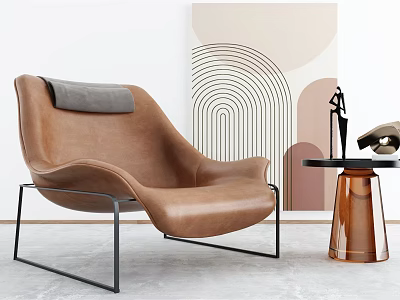 Modern Brown Leather Accent Chair With Gray Cushion Black Metal Frame And Abstract Art 3d model