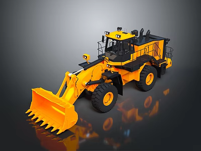 Yellow Heavy Duty Loader with Large Front Bucket and Black Tires on Reflective Surface 3d model
