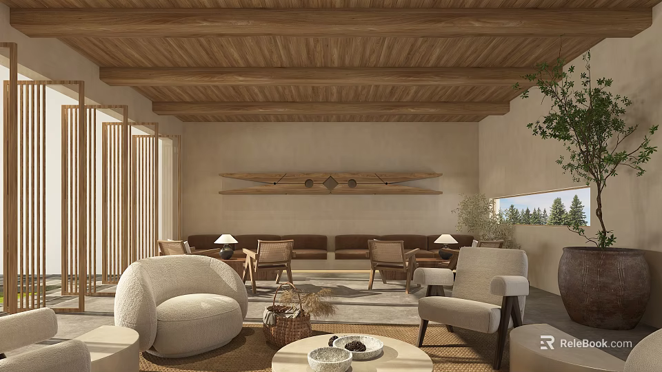 Cozy Living Room With Wooden Ceiling And Natural Decor 3d model 