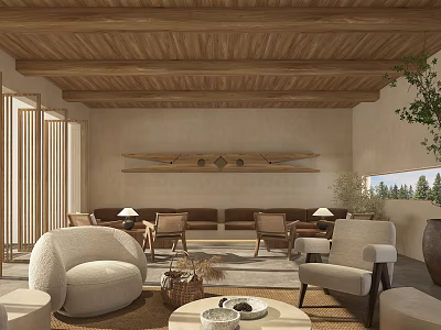 Cozy Living Room With Wooden Ceiling And Natural Decor 3d model