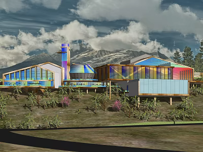 Modern Building Featuring Colorful Glass Facade With Mountain View And Green Plants 3d model