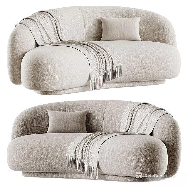 Beige Linen Two Seater Sofa With Curved Design Throw Blanket And Pillow 3d model 