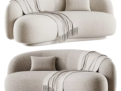 Beige Linen Two Seater Sofa With Curved Design Throw Blanket And Pillow 3d model