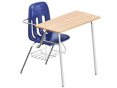 Student Desk With Wooden Top Blue Chair And Metal Frame Book Basket 3d model