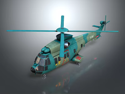 Teal Vintage Helicopter With Rotors Fuselage Windows And Landing Gear Details 3d model