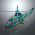 Teal Vintage Helicopter With Rotors Fuselage Windows And Landing Gear Details