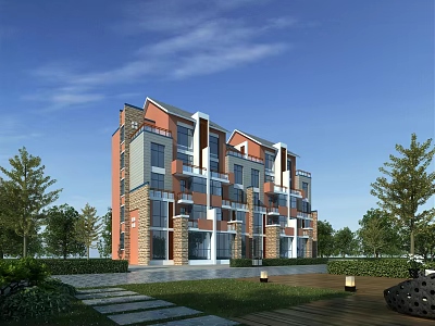 Modern Townhouse Exterior With Red Gray Facade Landscaped Garden Trees And Streetlights 3d model