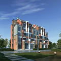Modern Townhouse Exterior With Red Gray Facade Landscaped Garden Trees And Streetlights