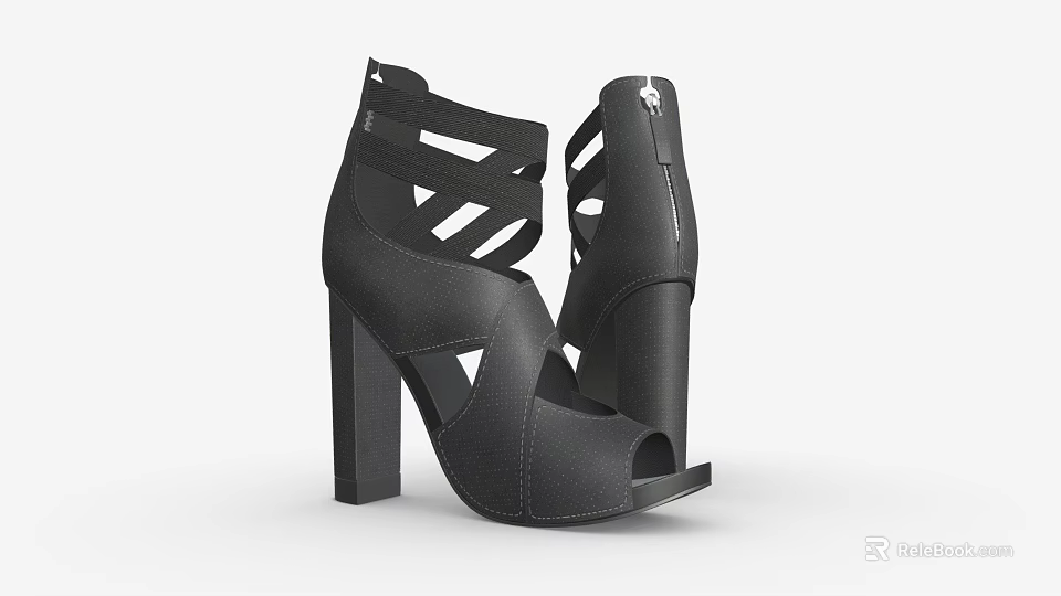 Black Strappy Open Toe Block Heel Shoes For Women Fashion Style 3d model 