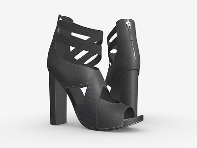 Black Strappy Open Toe Block Heel Shoes For Women Fashion Style 3d model
