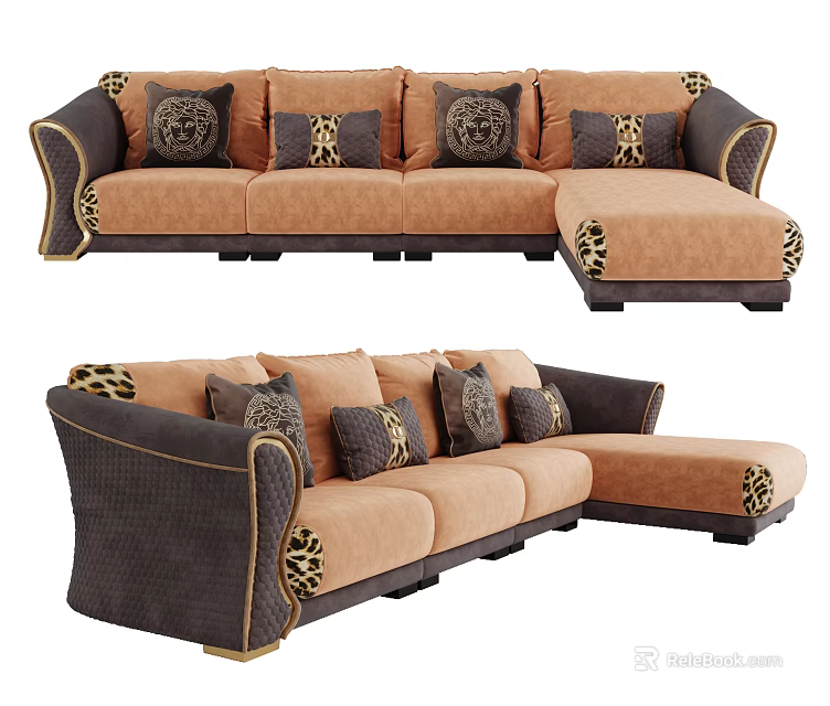Orange and Dark Brown Sectional Sofa With Leopard Print Details And Patterned Pillows 3d model