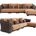 Orange and Dark Brown Sectional Sofa With Leopard Print Details And Patterned Pillows 3d model